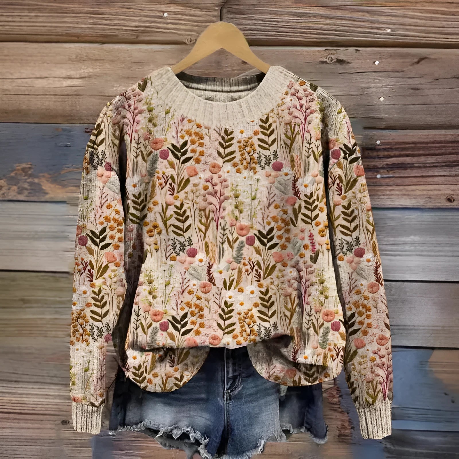 Women's floral print round neck polyester sweater shown in multiple colour options
