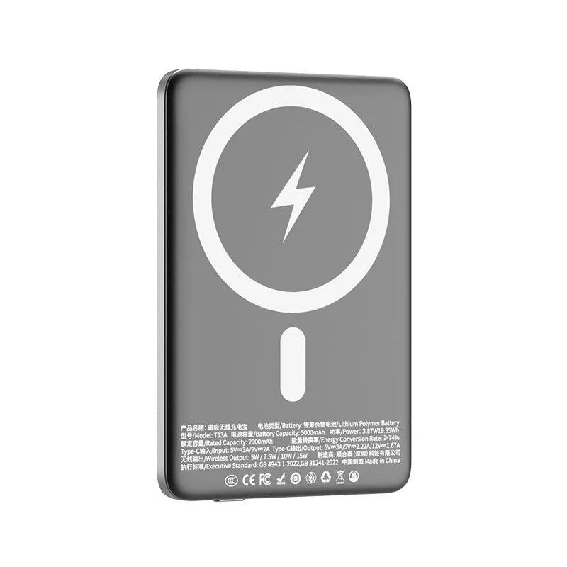 Gun grey magnetic wireless power bank showing ultra-thin 9mm alloy design with 10000mAh capacity