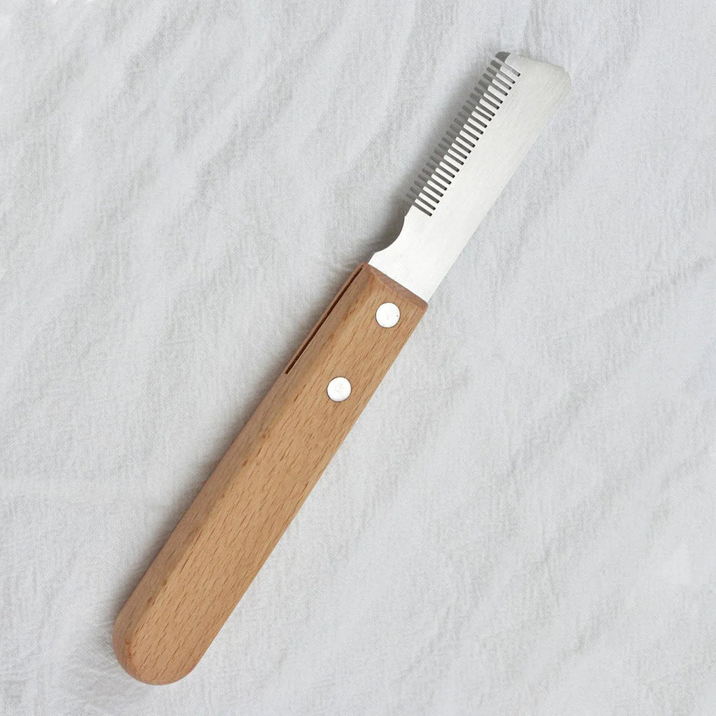 Pet stripping comb grooming tool with wood handle shown in long and short size options