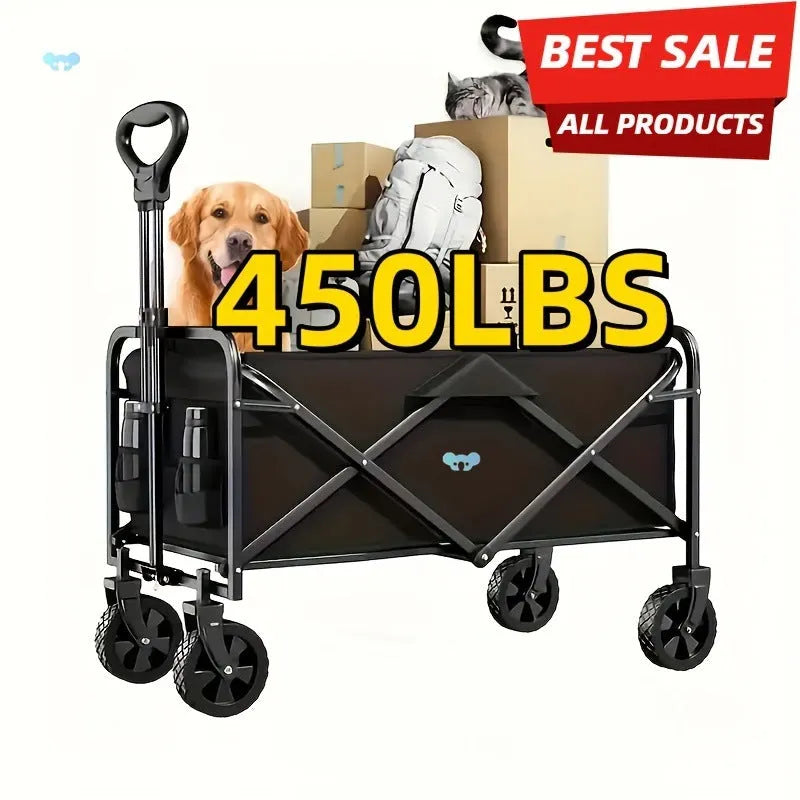 Collapsible metal garden wagon cart with attached storage box, shown folded and unfolded.