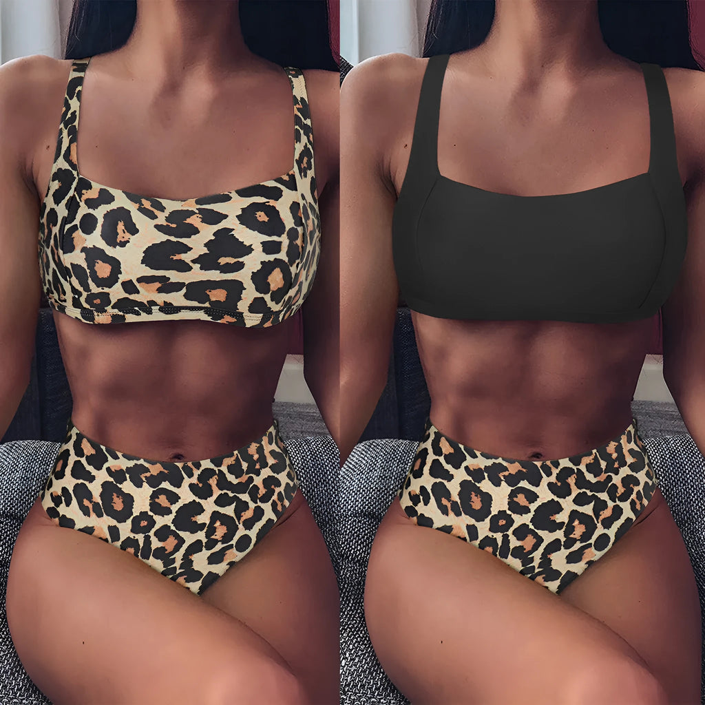 Women's high-waist leopard print bikini with push-up bra in polyester fabric