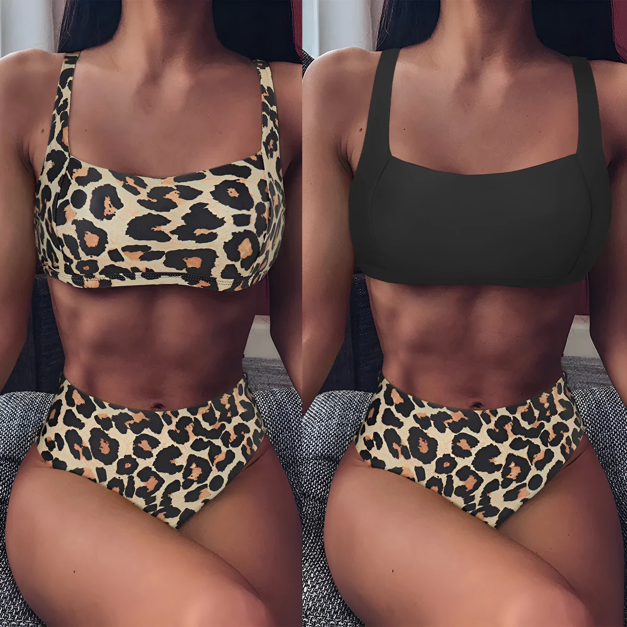 Women's high-waist leopard print bikini with push-up bra in polyester fabric