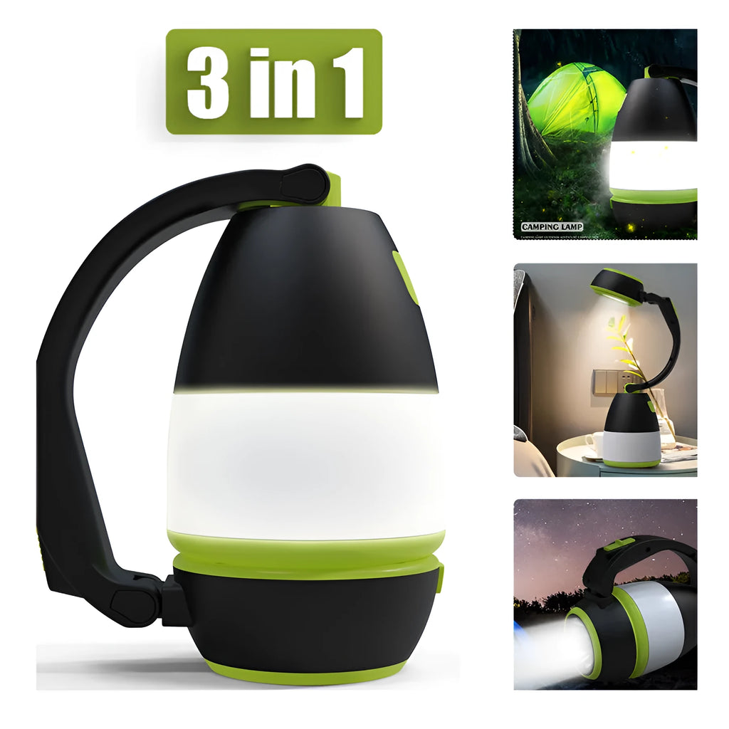Black green 3-in-1 multifunctional LED table lamp and foldable camping flashlight.