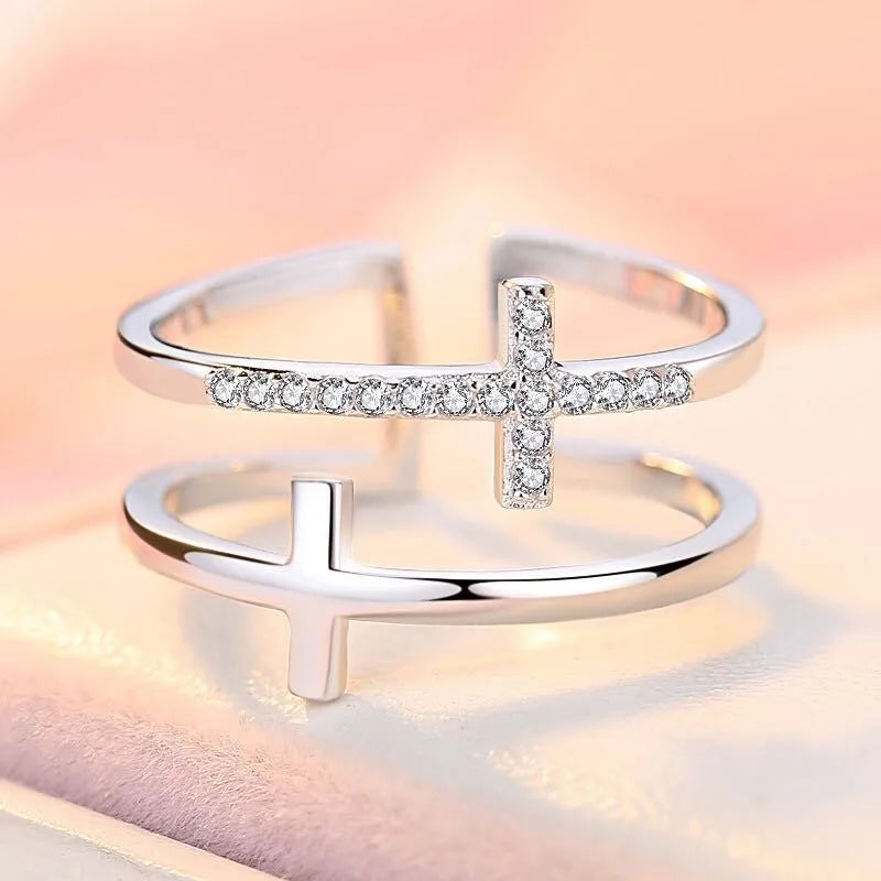 Women's adjustable double cross geometric copper ring with zircon stone in sterling silver setting