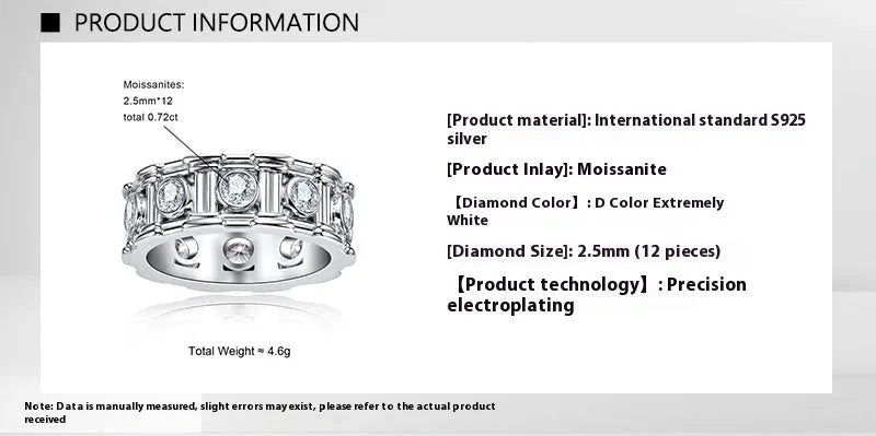 Roman column 925 silver moissanite ring with platinum finish, geometric shape, light luxury women's ring