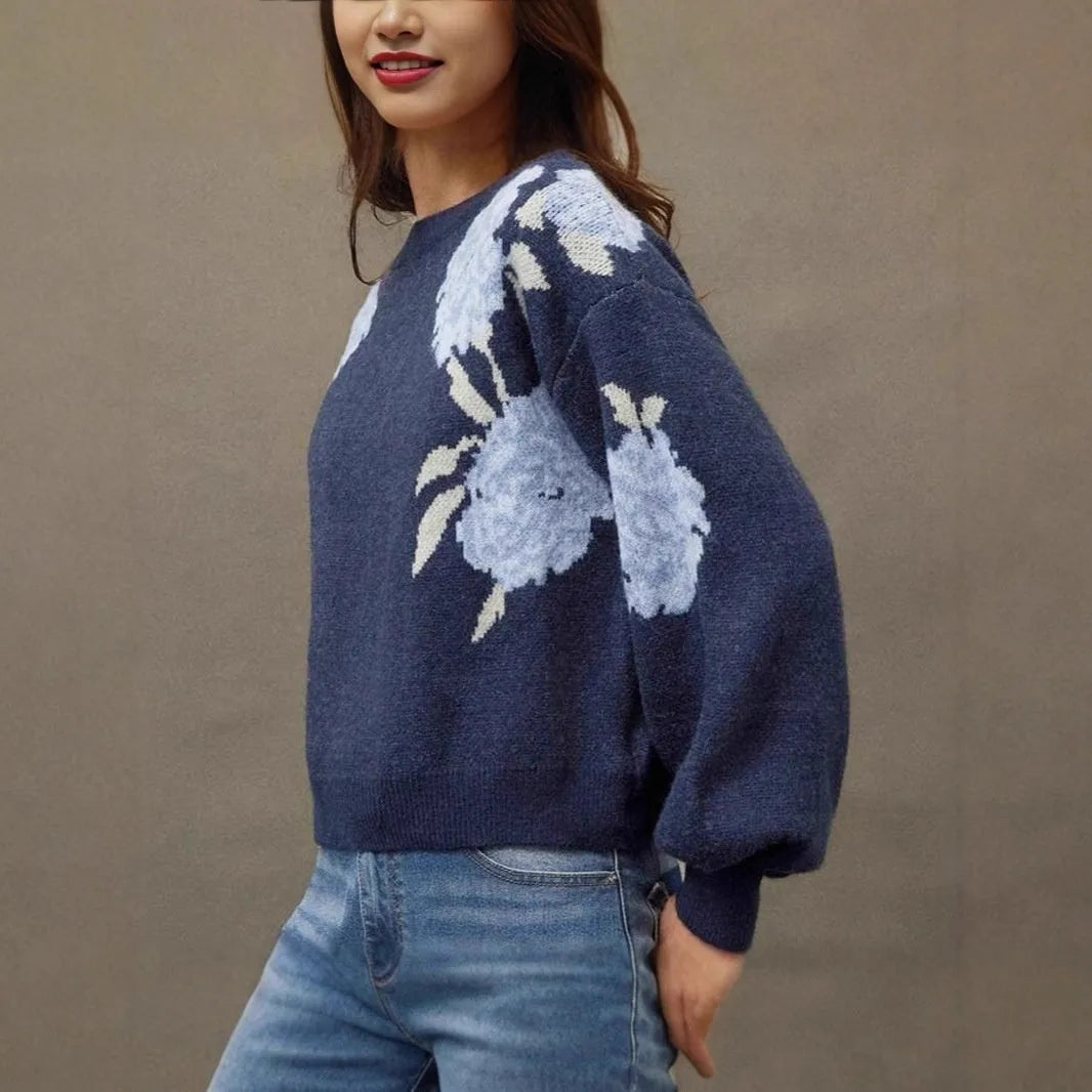 Women's sapphire blue off-neck pullover with floral jacquard pattern and loose casual fit