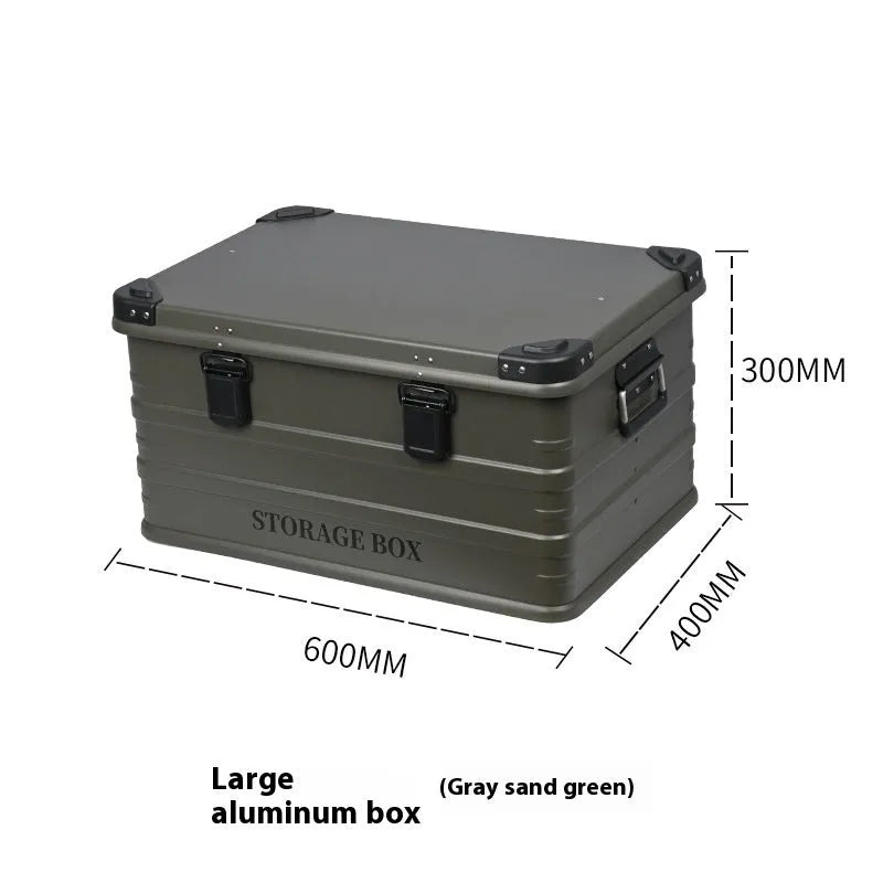 Army Green plastic storage box placed in a vehicle boot for organisation