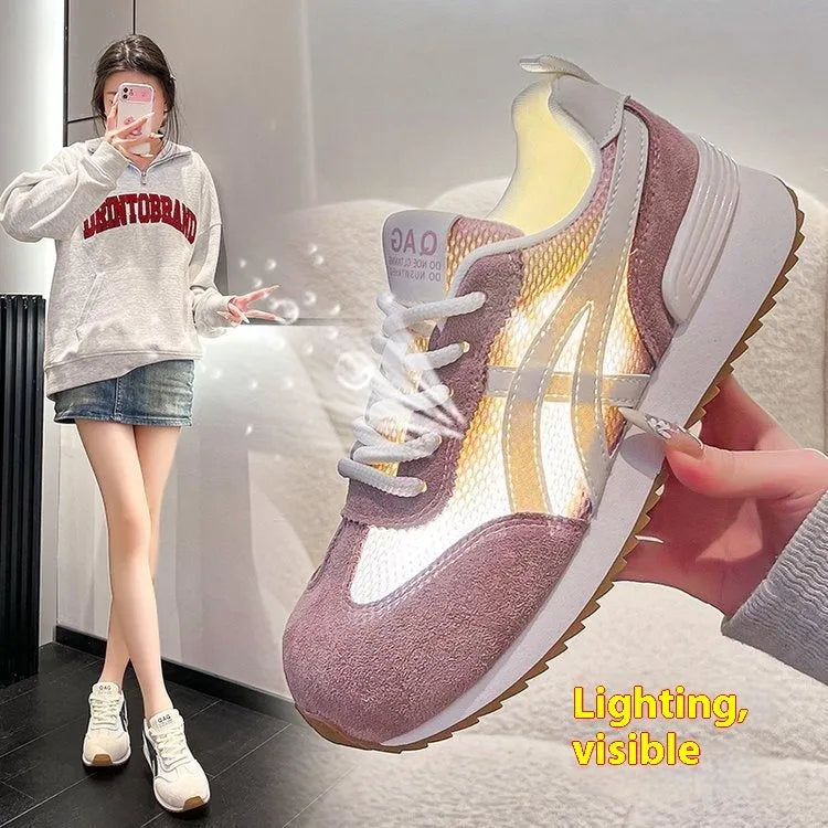 Women's casual lace-up sneakers in pink, white, or yellow with a non-slip sole and cloth lining.