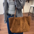 Coffee colour large capacity PU tote bag with double joint shoulder straps and three-dimensional outer pocket for autumn winter commuting