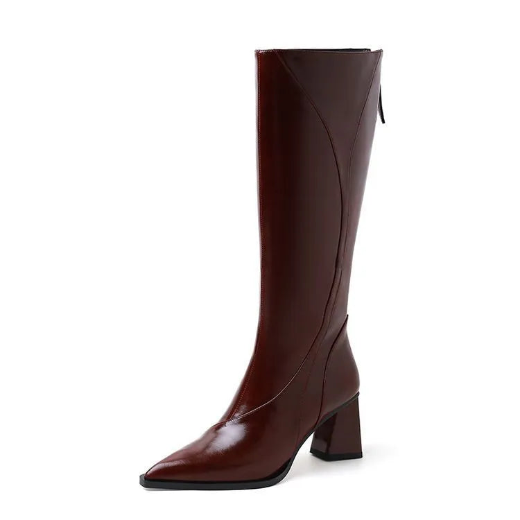 Retro Maillard cowhide riding boots in black, brown, or wine red with waterproof platform and high sock design