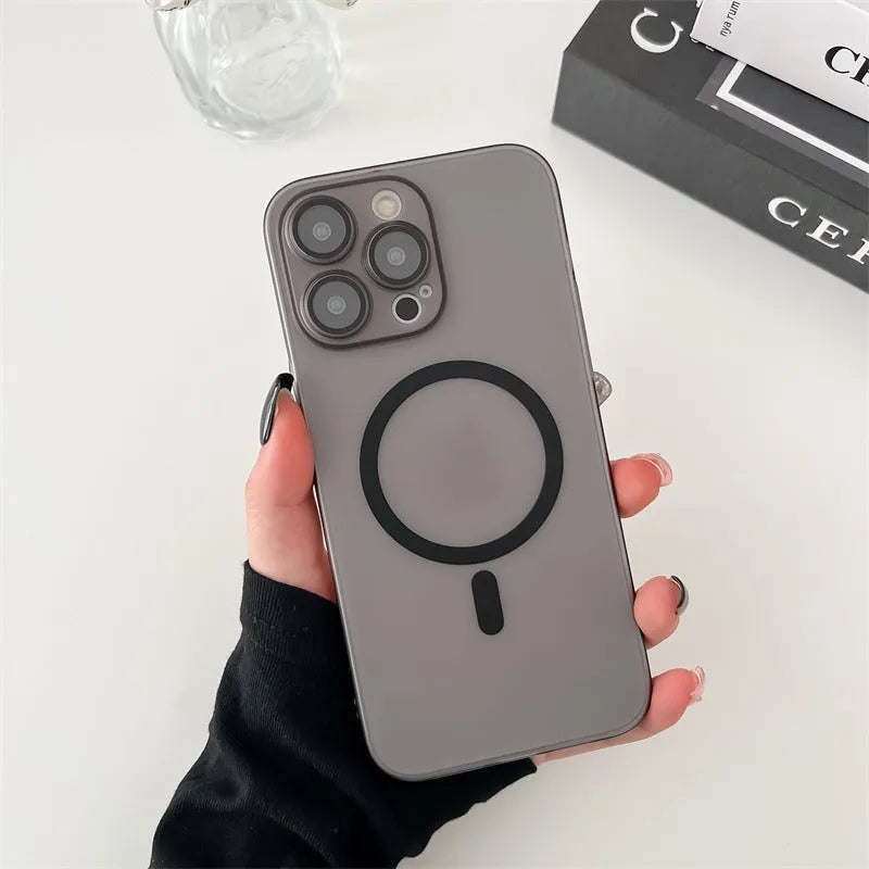 Ice Mist coloured ultra-thin magnetic frosted phone case for iPhone, shown on a phone.
