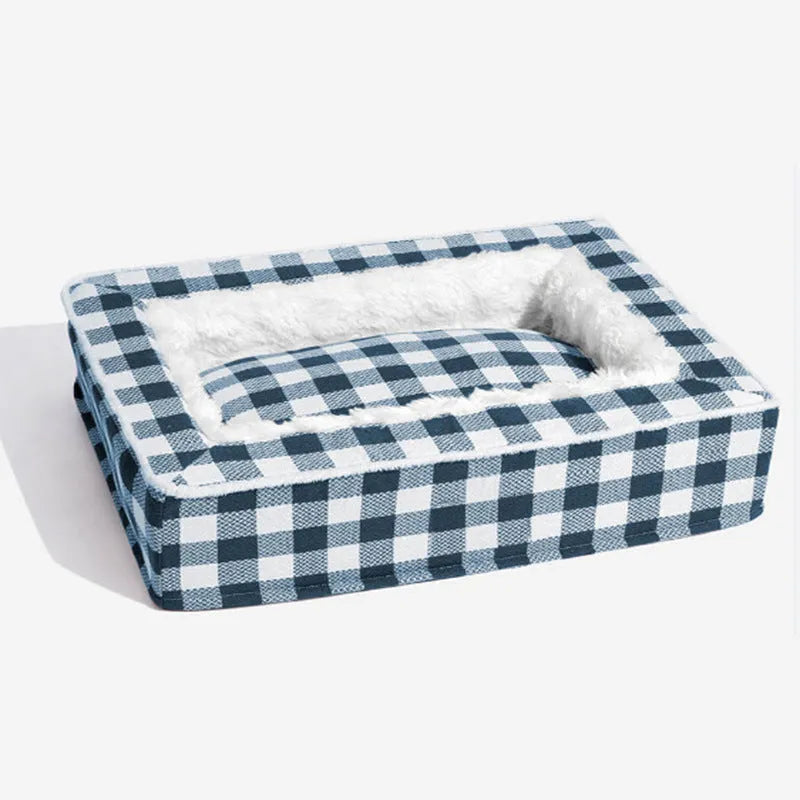 Classic plaid dog kennel bed with removable cover in red, blue, black, or brown.