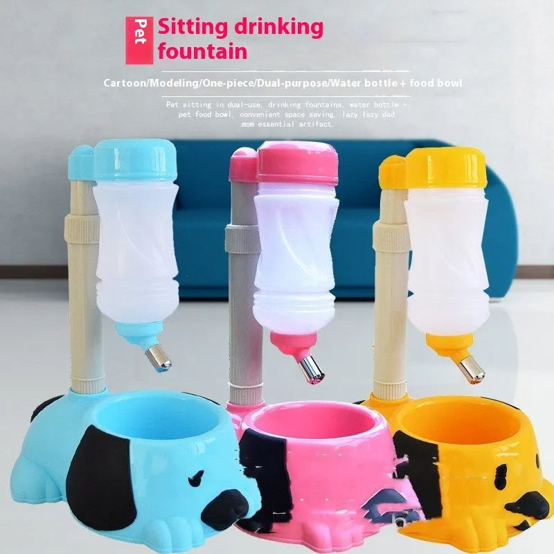 Adjustable rod lifting pet drinking bowl in blue plastic set at an elevated height.