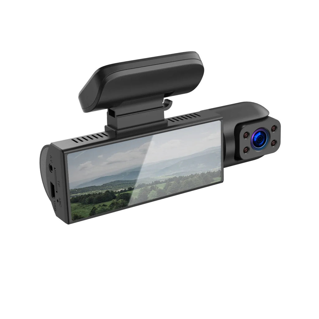 Dual-lens HD driving recorder with 3.5-inch screen mounted on car dashboard