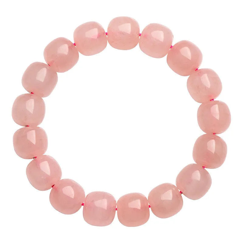 Natural crystal barrel bead bracelet with pink geometry beads measuring 8-10mm