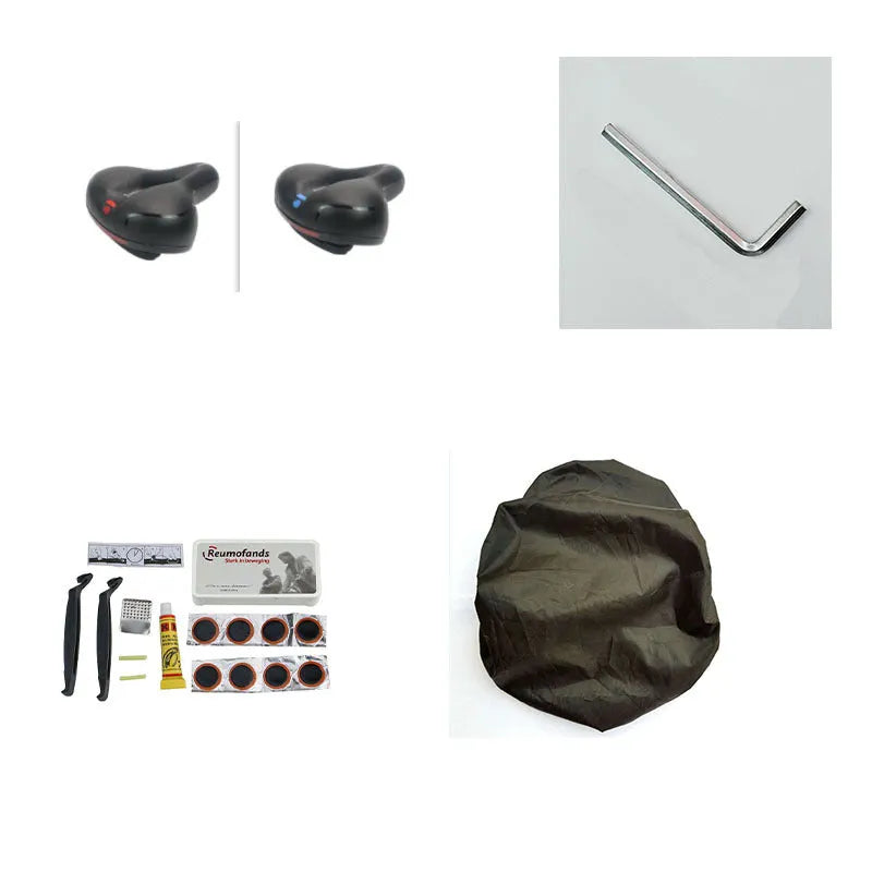 Thickened soft silicone bicycle saddle cushion with PU leather cover, shown with a waterproof cover and repair tools.