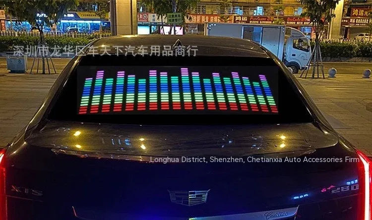 Long rectangular car rhythm lamp with electroluminescent panel showing colourful music-reactive light patterns
