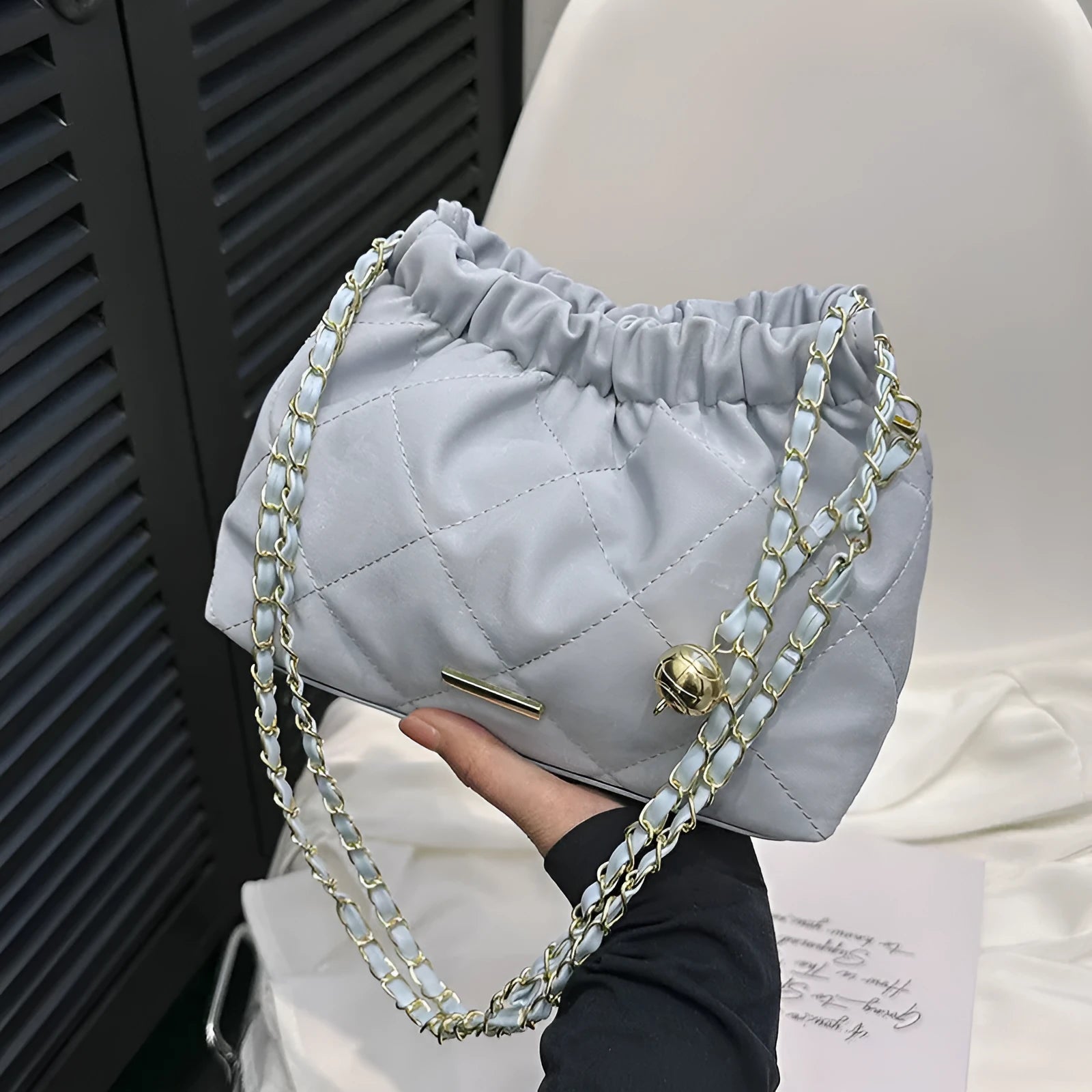 Fashion Rhombus Chain Shoulder Messenger Bag in soft PU leather, horizontal square shape, single strap, colour options black blue pink white