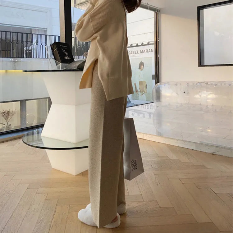 Women's cream white knitted wide-leg high waist trousers for autumn winter casual wear