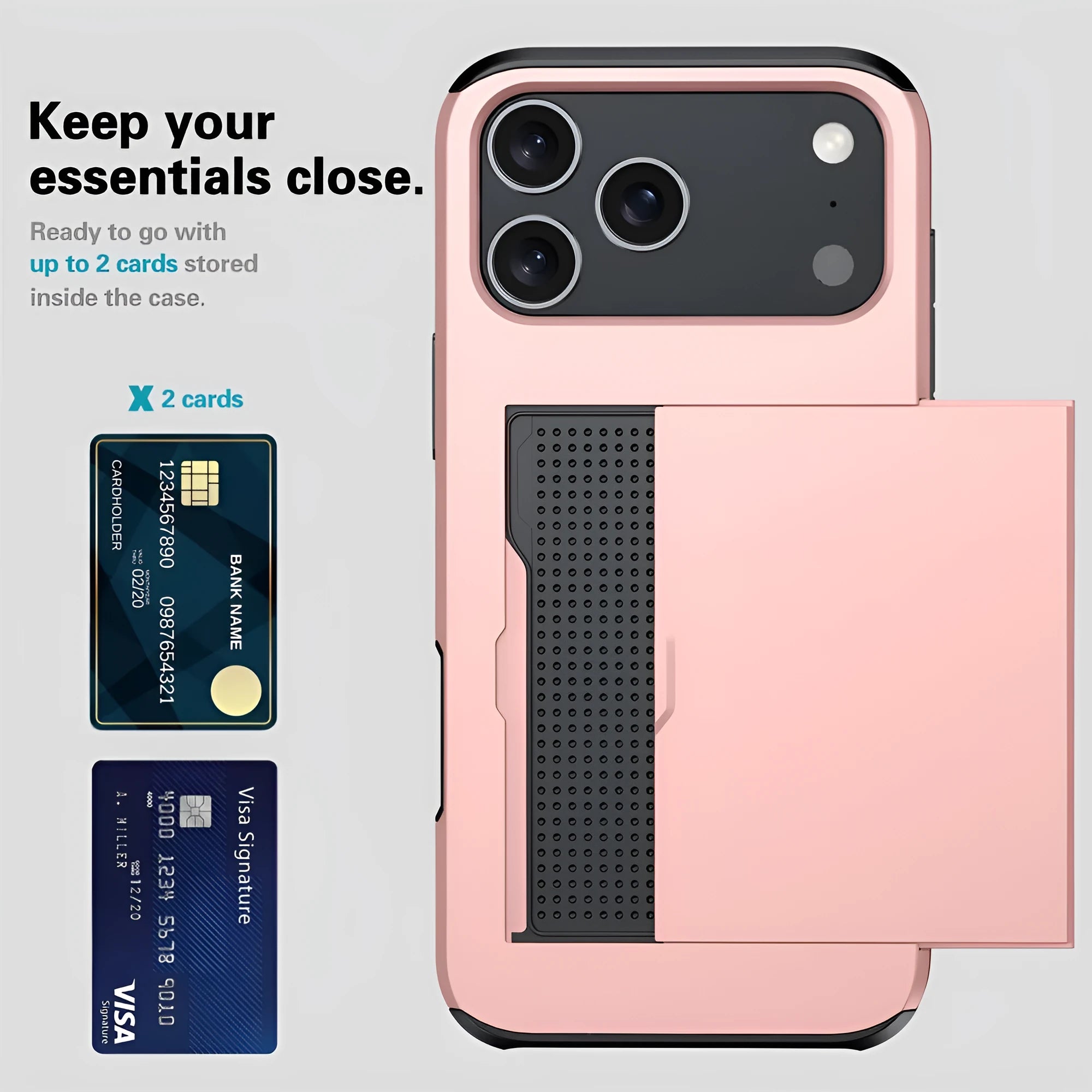 Sliding cover card holder phone case for iPhone in multiple colour options showing card slot.