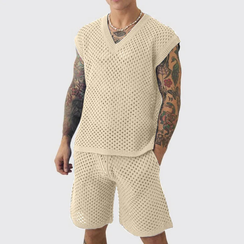Men's blue knitted vest and shorts sportswear set for summer athletic activities