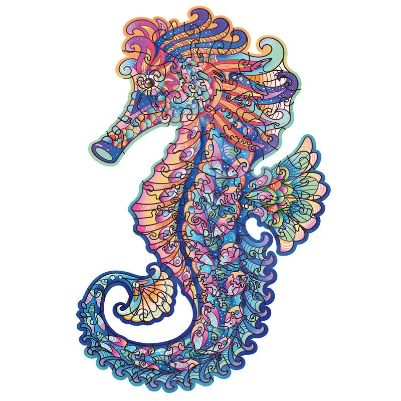 Irregular three-dimensional seahorse shaped wooden puzzle in A5 Haima, A4 or A3 variant