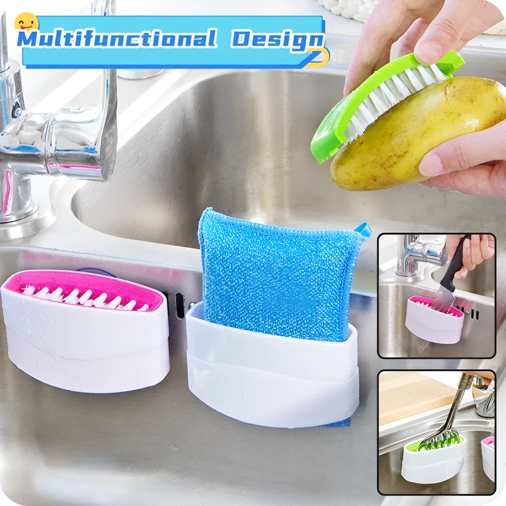 Blue kitchen cleaning brush with slots for utensils and a suction cup on a white wall.
