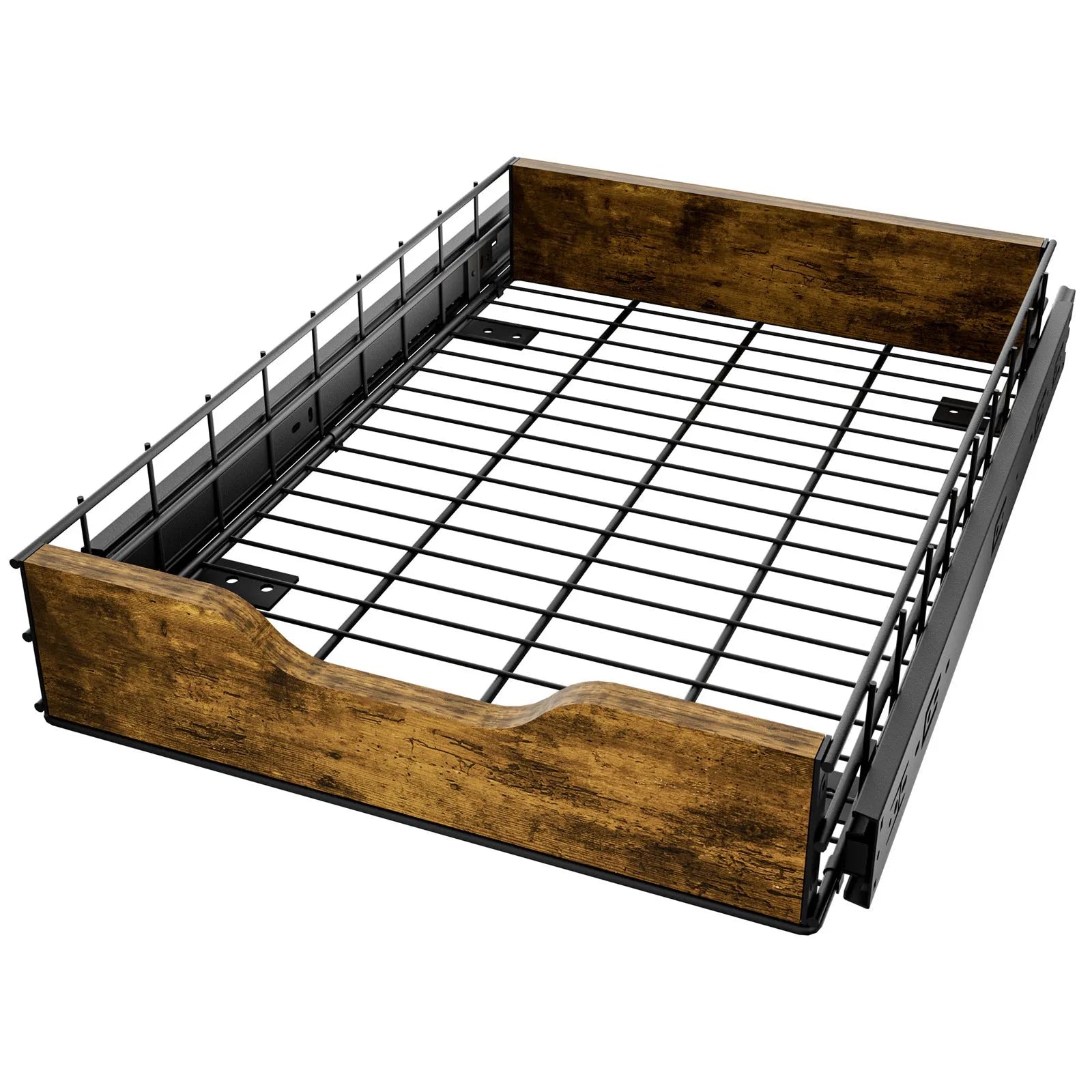 Black modern storage rack with wood frame and iron pull-out basket drawers for kitchen organisation.