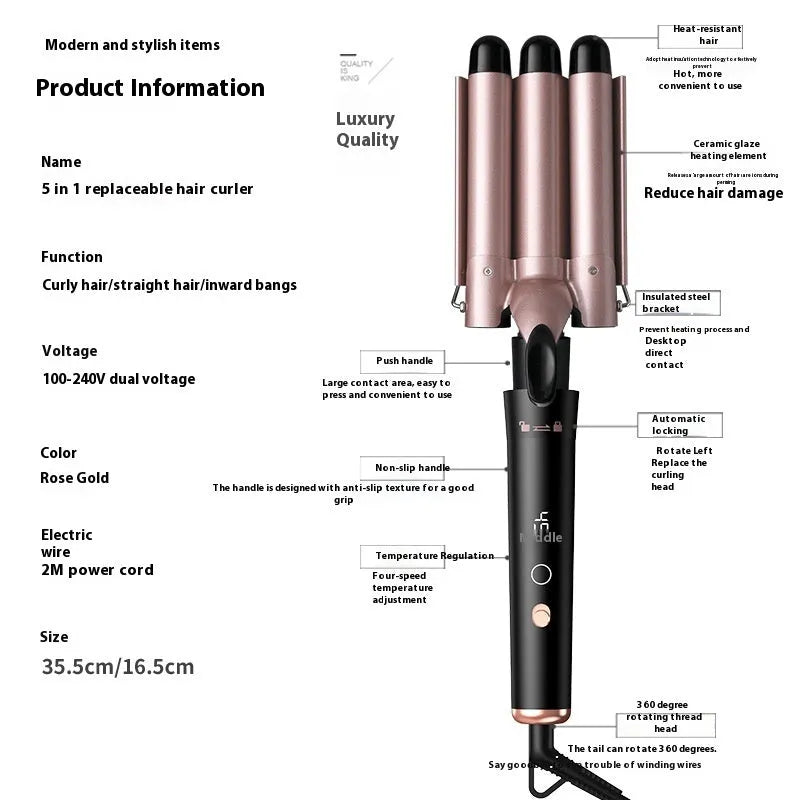 Rose gold negative ion hair curler with five interchangeable curling tubes and LCD display