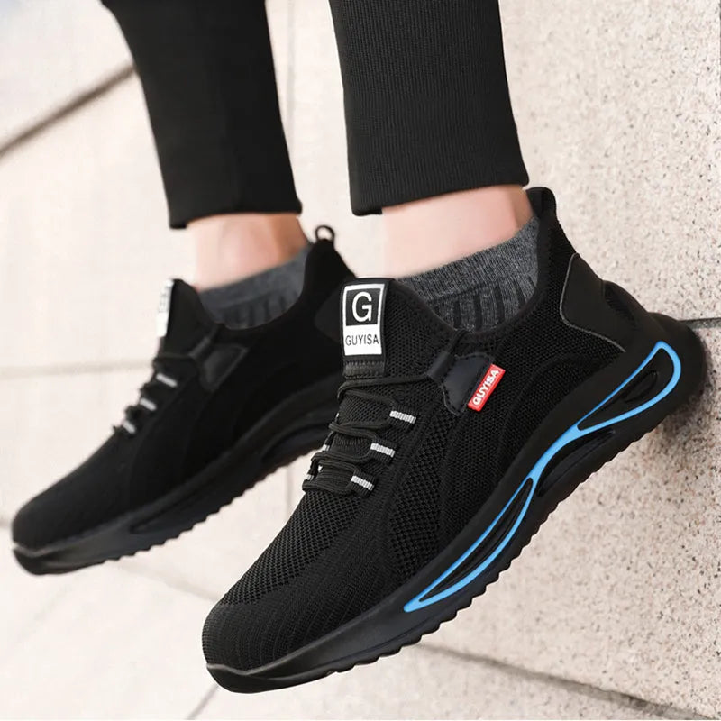 Men steel toe work safety shoes black with blue trim, lace-up low top, fly weave upper and PU sole