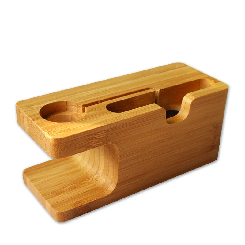 Bamboo watch and smartphone stand with carved details measuring 149mm