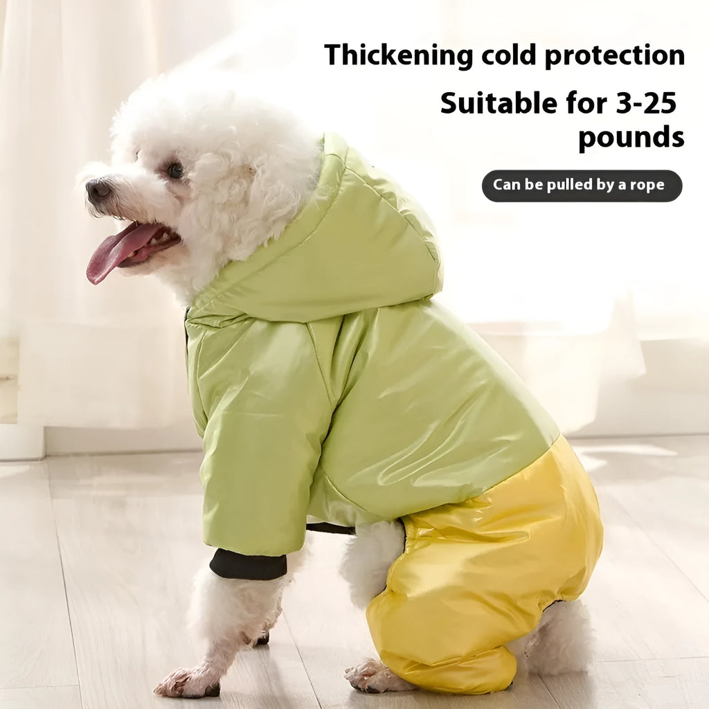 Green waterproof windproof cotton padded dog coat showing four-legged design