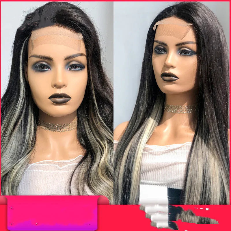 Human hair lace wig in straight or body wave, 10-18 inch, dyeable and ironable, with slanted bangs option.