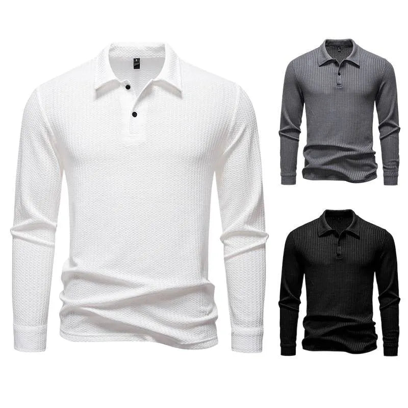 Men's waffle fabric long sleeve lapel t-shirt in black, straight fit pullover