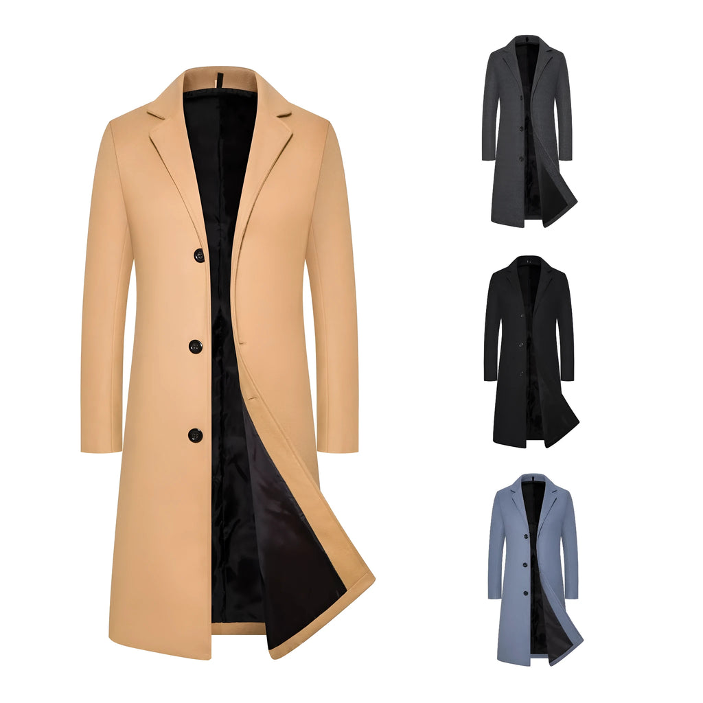 Men's wool mid-length trench coat in camel colour, slim fit, solid style, hung on a hanger