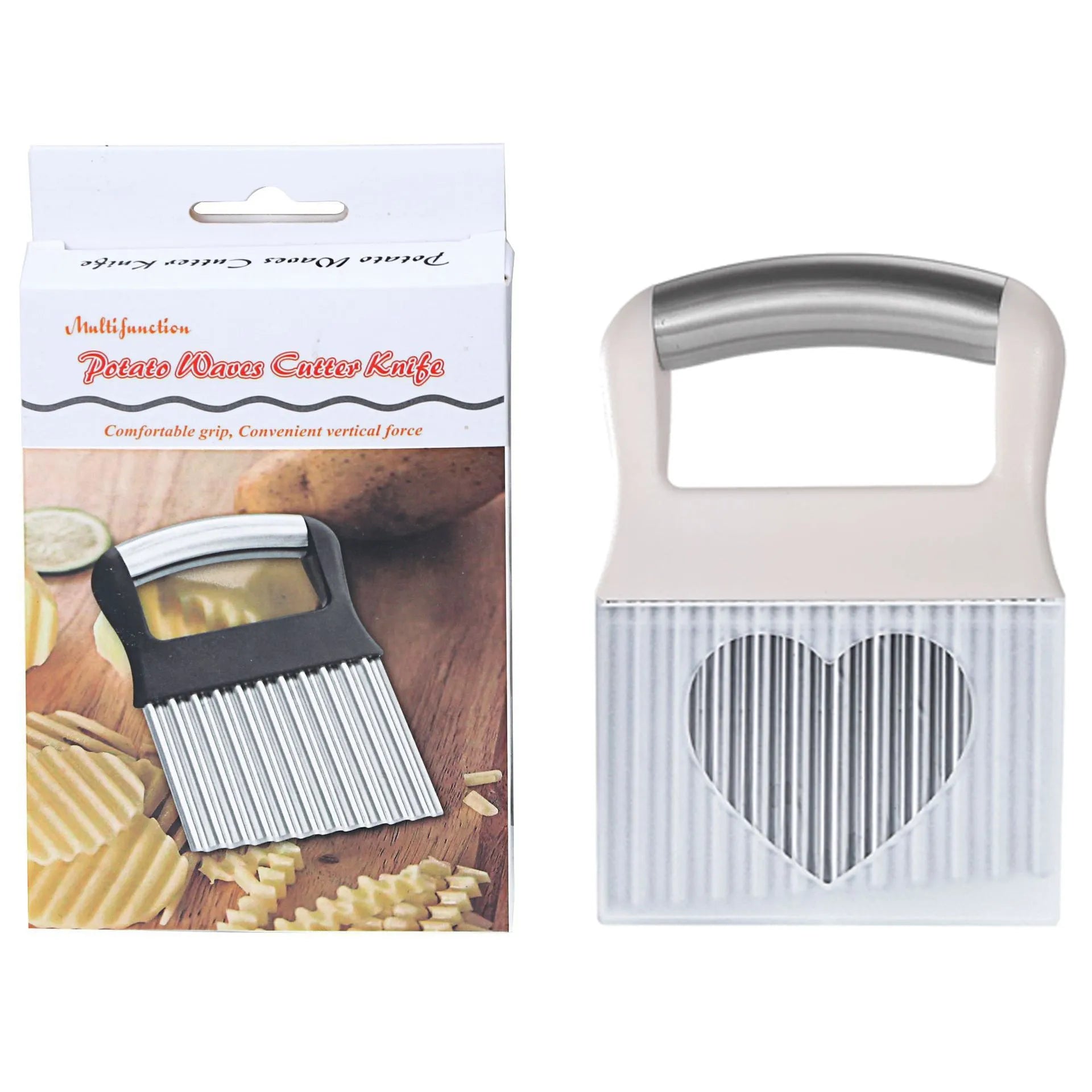 Stainless steel potato wave knife kitchen tool in black on a wooden surface.