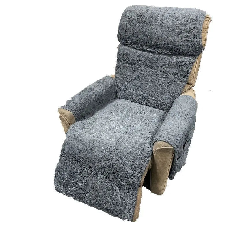 Polyester sofa cushion slipcover in a lamb wool colour on a sofa, showing its universal fit.