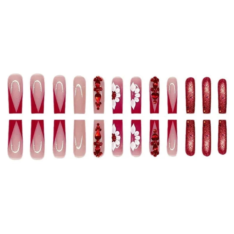 Sweet flower pattern fake nails with red prismatic diamonds in European square shape