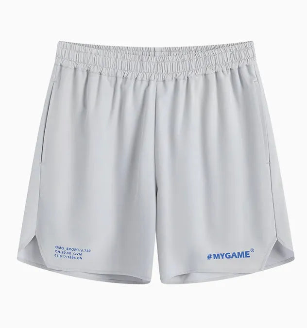 Men's gray quick-dry training shorts made from a stretchy polyester and spandex fabric blend.