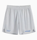 Men's gray quick-dry training shorts made from a stretchy polyester and spandex fabric blend.