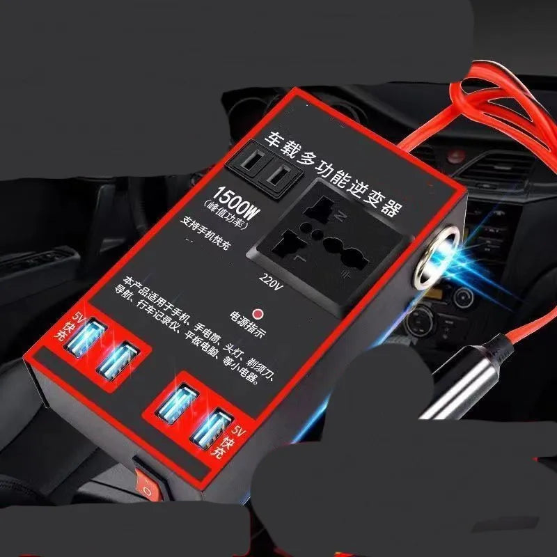 Black automotive power converter transforming 12V/24V car power to 220V AC with four USB charging ports