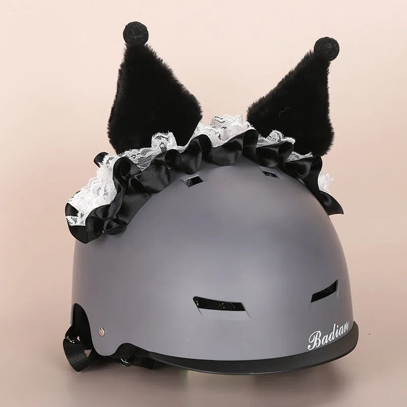 Soft plush cartoon character cover on a motorcycle helmet, showing size M and decorative ear sections.