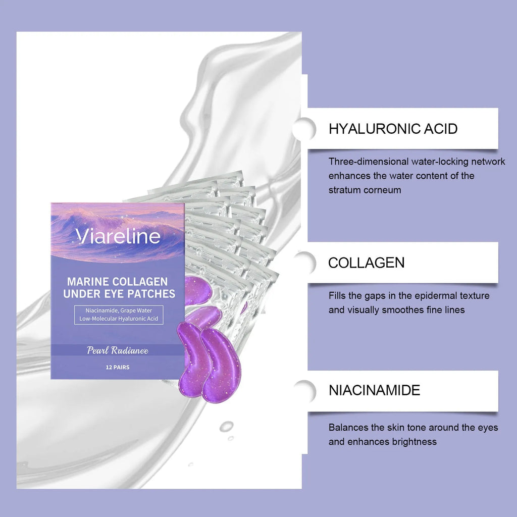 Collagen eye mask set showing 12 individually sealed hydrogel patches for eye area application
