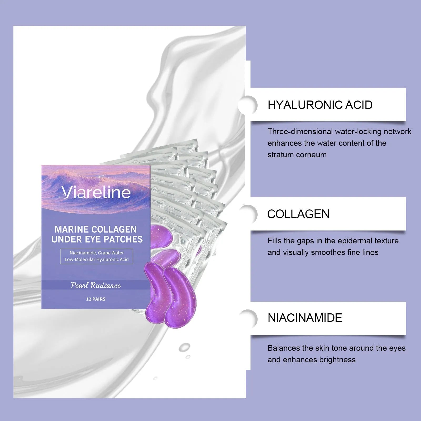Collagen eye mask set showing 12 individually sealed hydrogel patches for eye area application