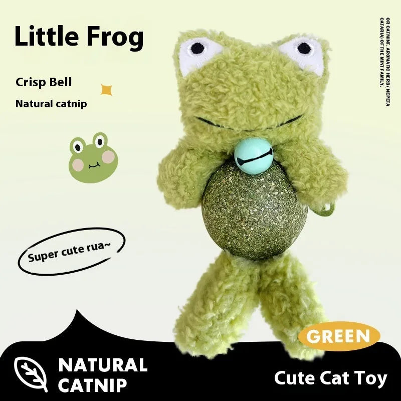 Plush cat toy shaped as a small doll with a mint ball inside, shown in assorted animal designs.