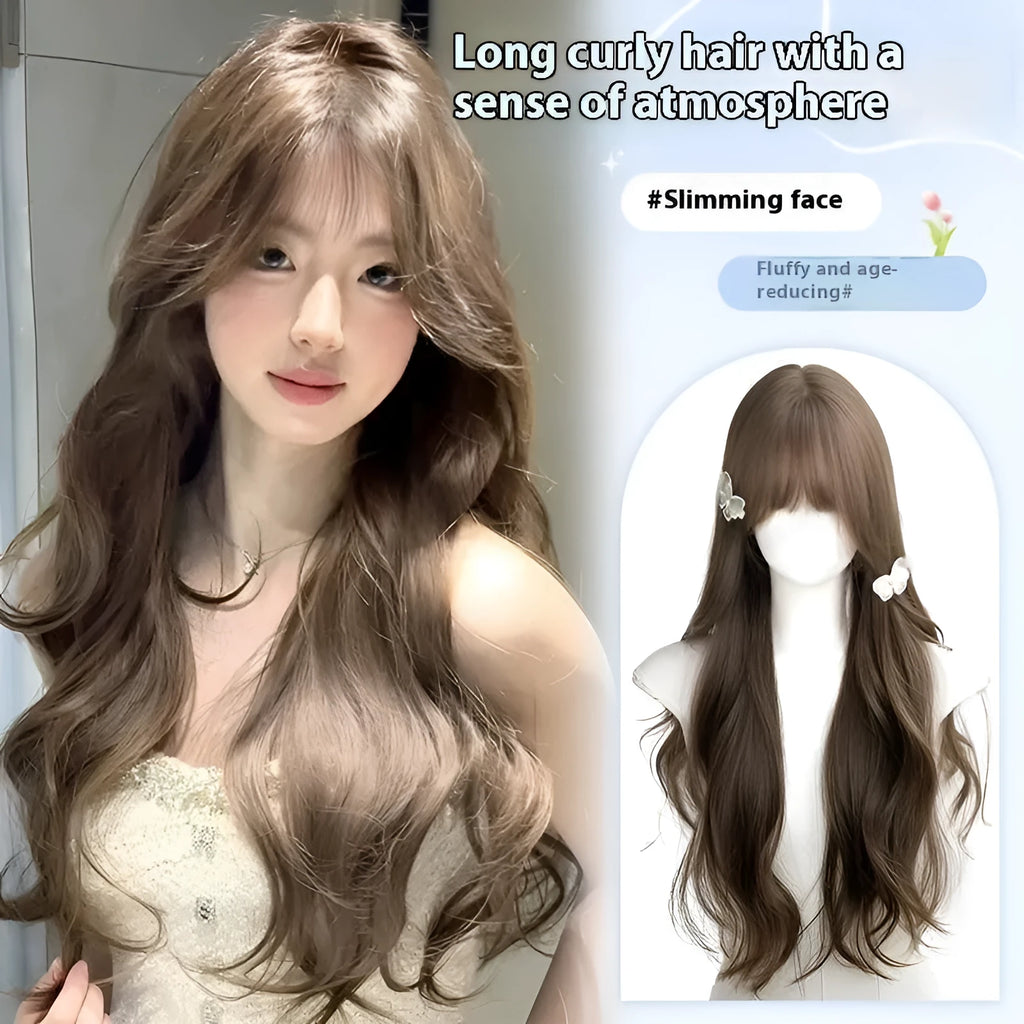 Long curly big wave wig for women in Filbert Gray and Brown with a natural style and hair net
