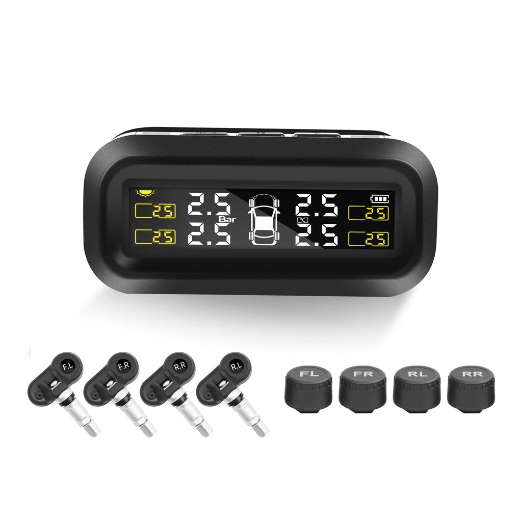 Wireless solar car tyre monitor with colour screen display and external sensors for tyre pressure and temperature monitoring