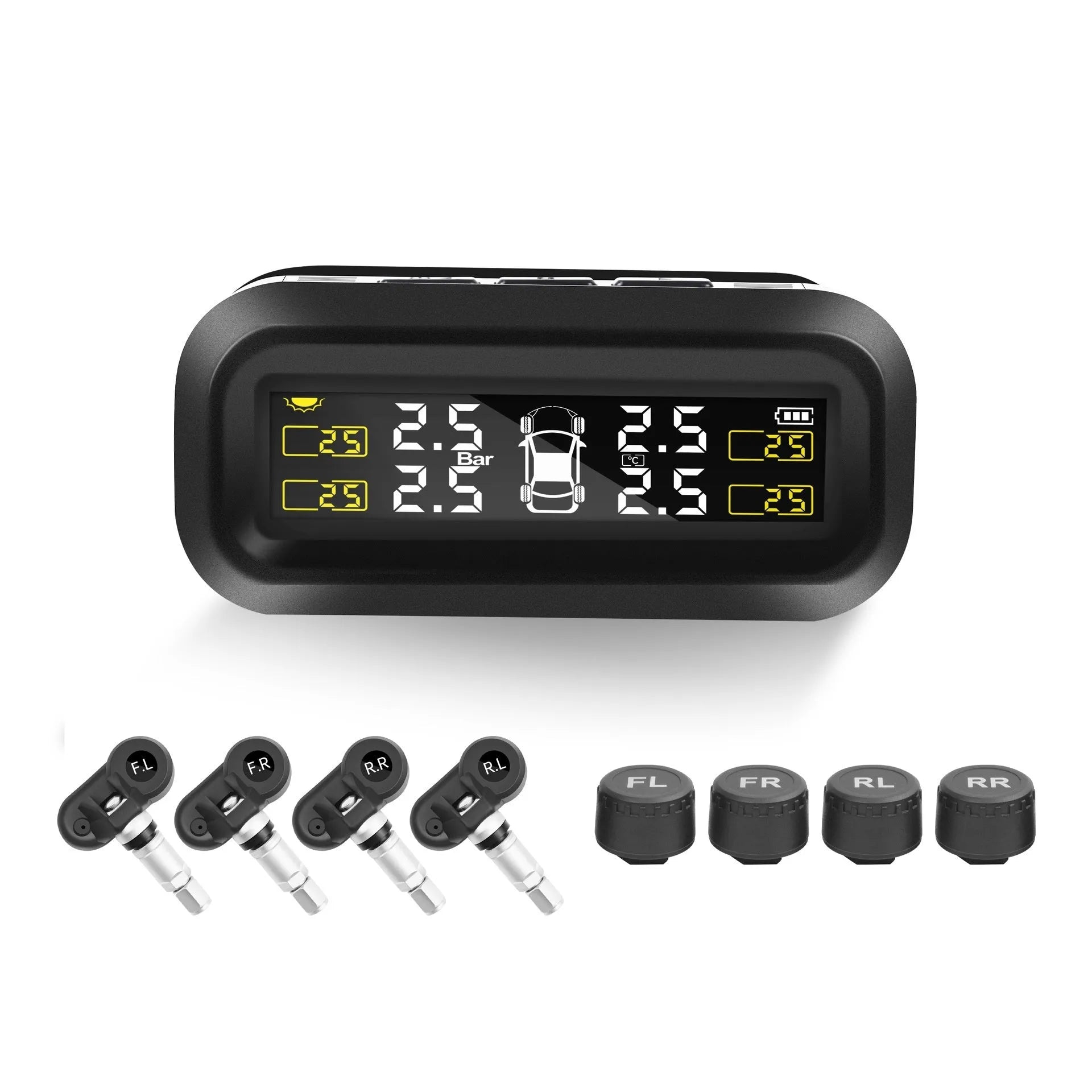 Wireless solar car tyre monitor with colour screen display and external sensors for tyre pressure and temperature monitoring