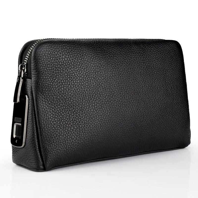 Black mens wallet with fingerprint lock, first layer cowhide, zipper closure, Type-C charging port
