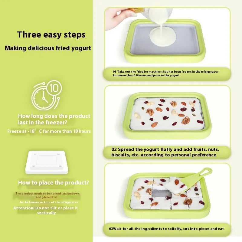 Green children's DIY fried ice and yogurt machine with aluminium gasket on a kitchen counter.